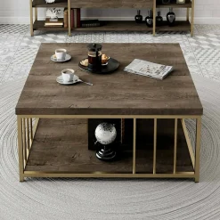 Tavolino da salotto Raiden, 90x90h40 cm, Noce e Oro<Dmora Outlet