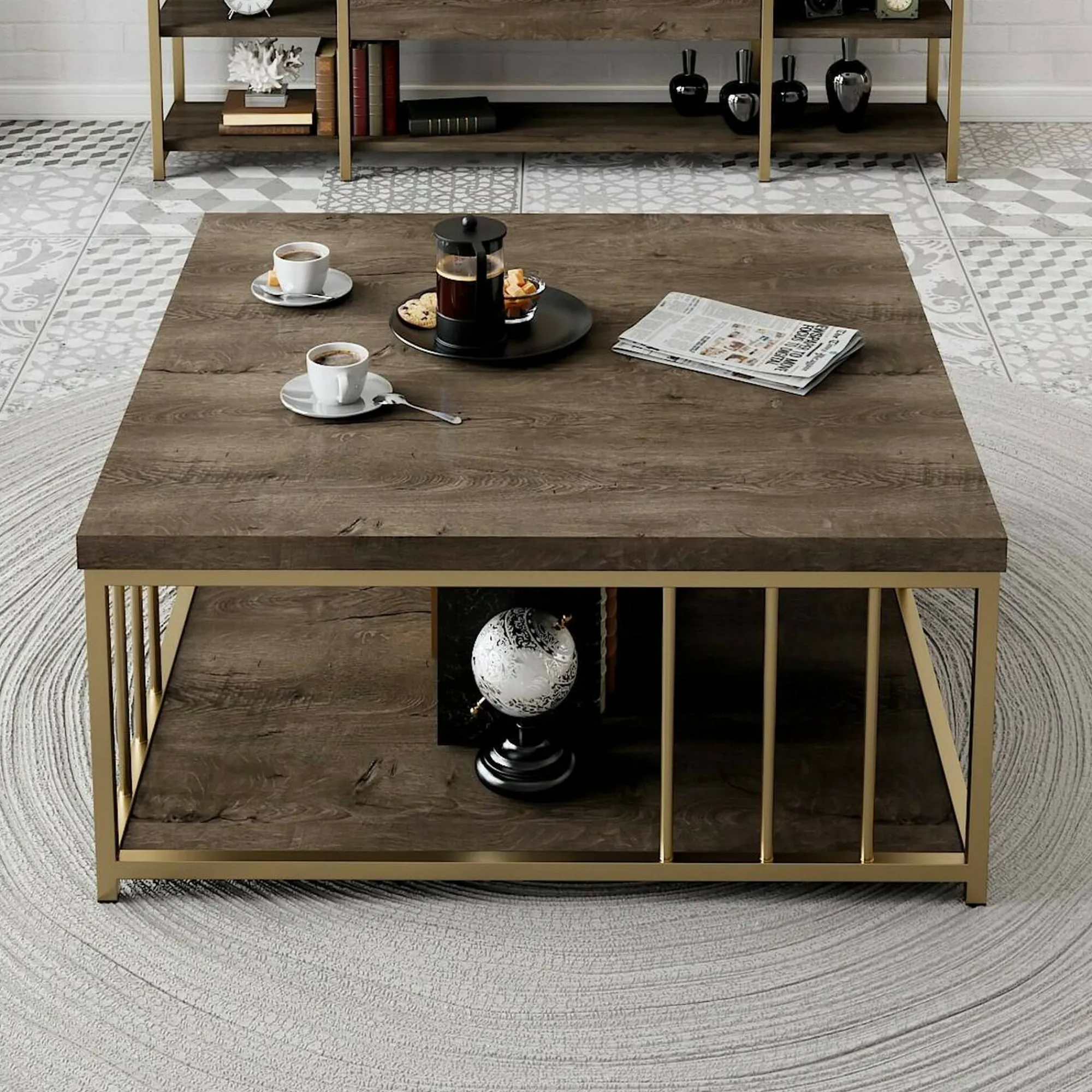 Tavolino da salotto Raiden, 90x90h40 cm, Noce e Oro<Dmora Outlet