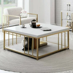 Tavolino da salotto Raiden, 90x39h40 cm, Bianco e Oro<Dmora Outlet