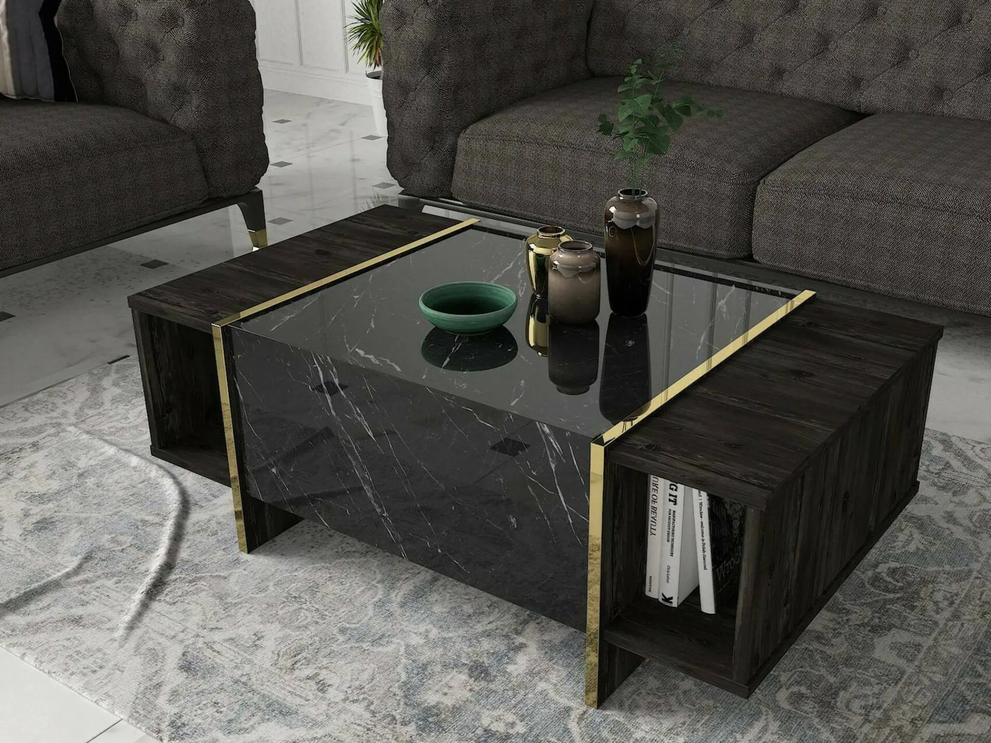 Tavolino da salotto Salvador, 104x60h37 cm, Nero e Oro<Dmora Store