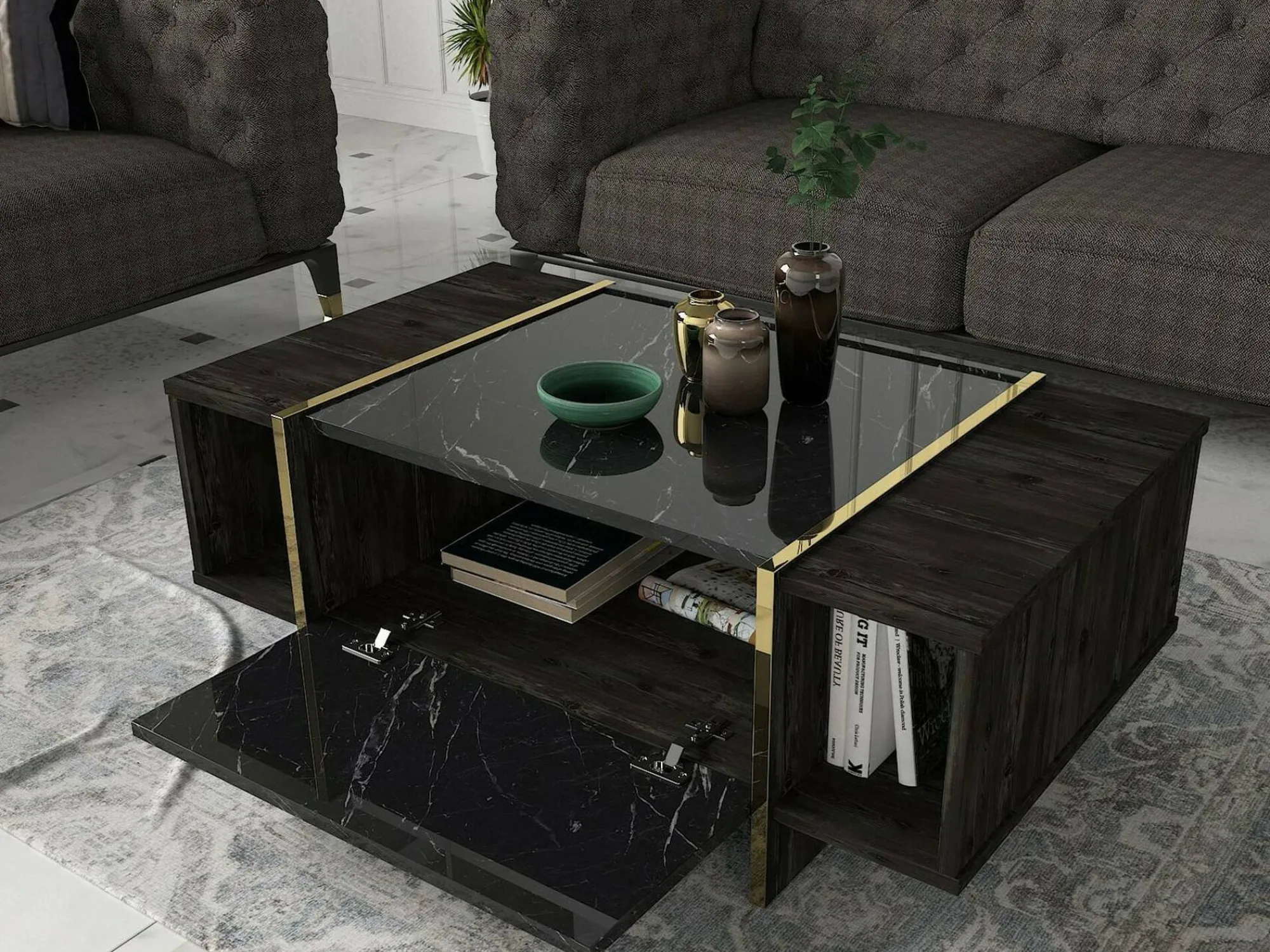 Tavolino da salotto Salvador, 104x60h37 cm, Nero e Oro<Dmora Store