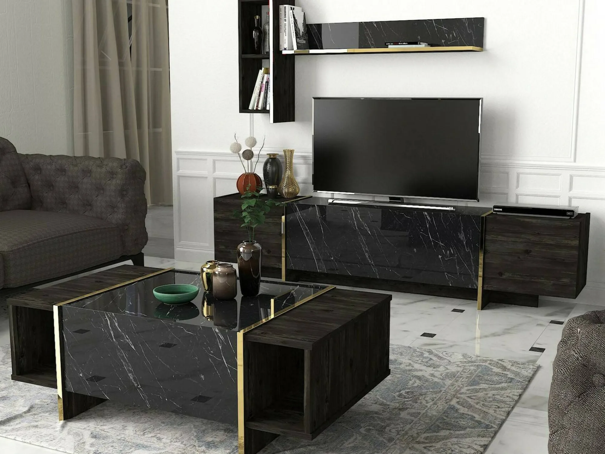 Tavolino da salotto Salvador, 104x60h37 cm, Nero e Oro<Dmora Store