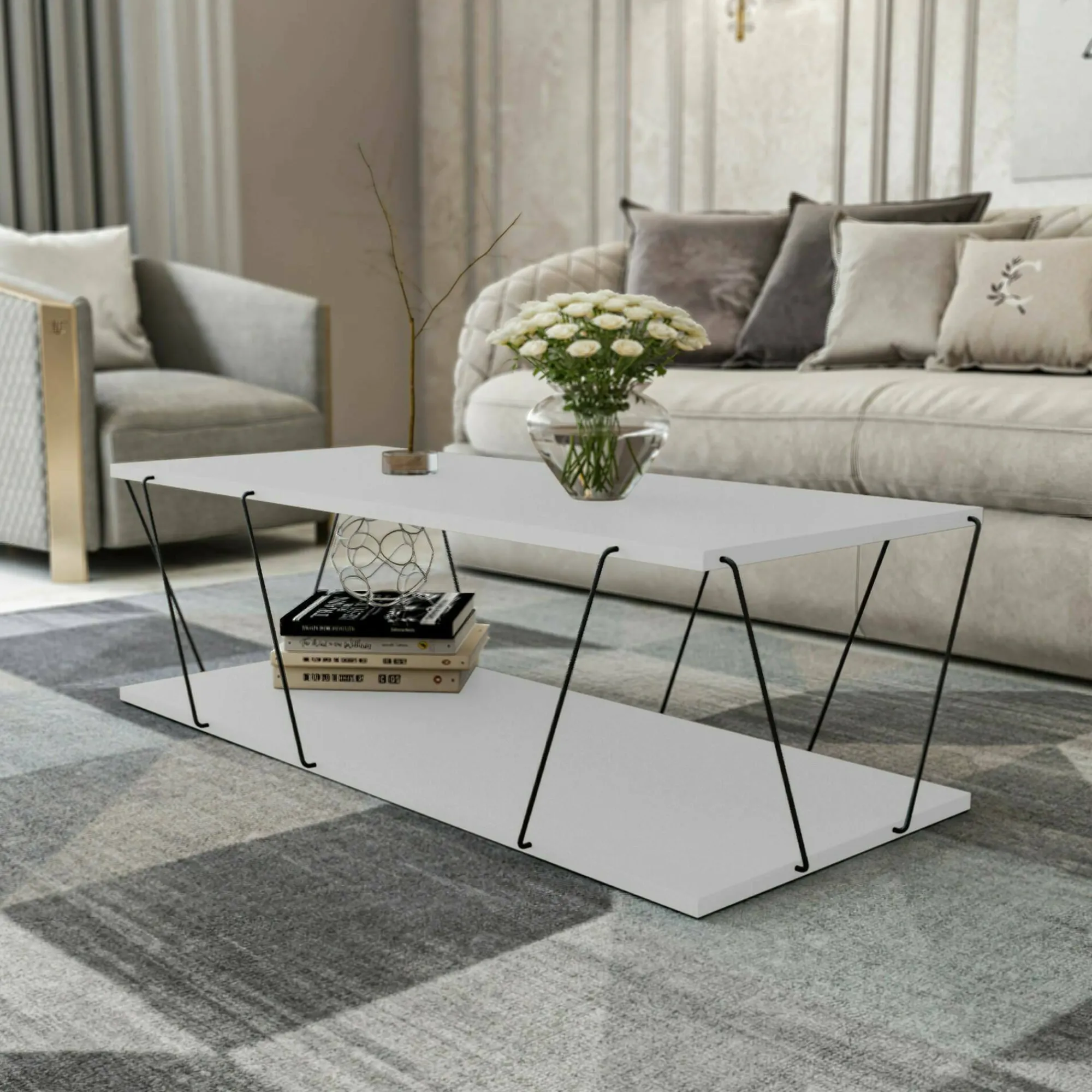 Tavolino da salotto Sarika, 120x50h30 cm, Bianco e Nero<Dmora Store