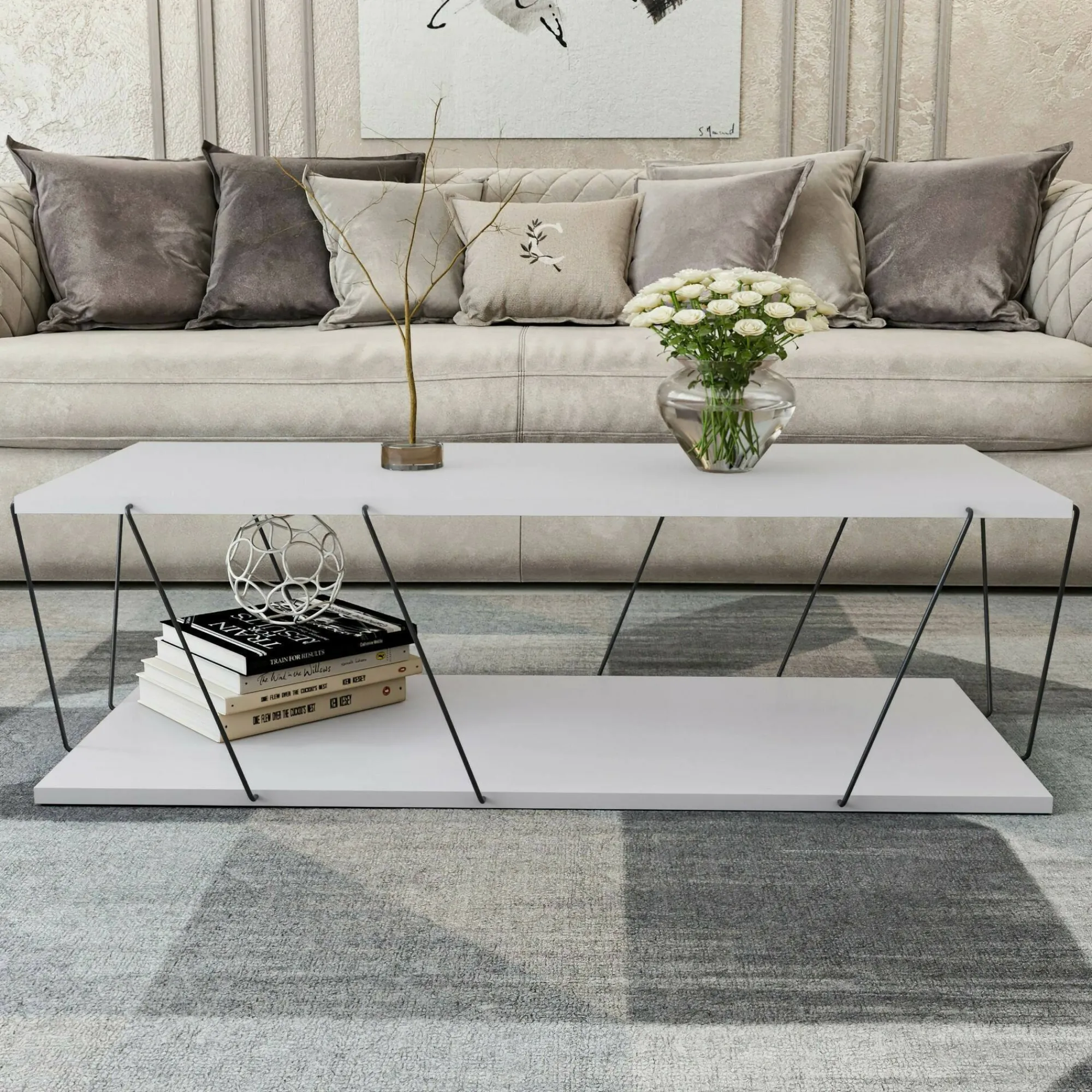 Tavolino da salotto Sarika, 120x50h30 cm, Bianco e Nero<Dmora Store