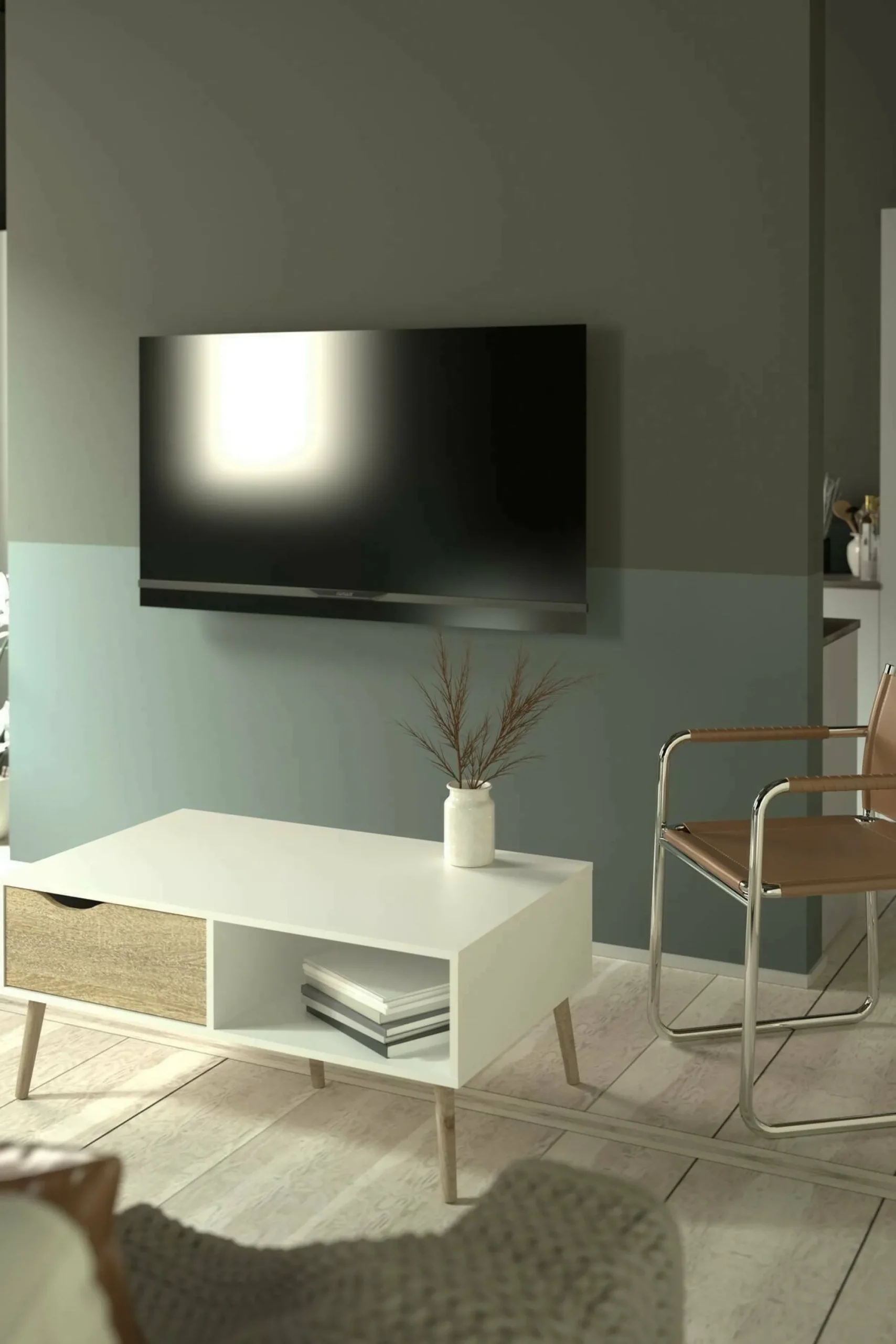 Tavolino da salotto Sfene, 99x60 h43 cm, Bianco e Quercia<Dmora Hot