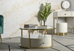 Tavolino da salotto Stabia, 75x75 h40 cm, Bianco e Oro<Dmora Shop