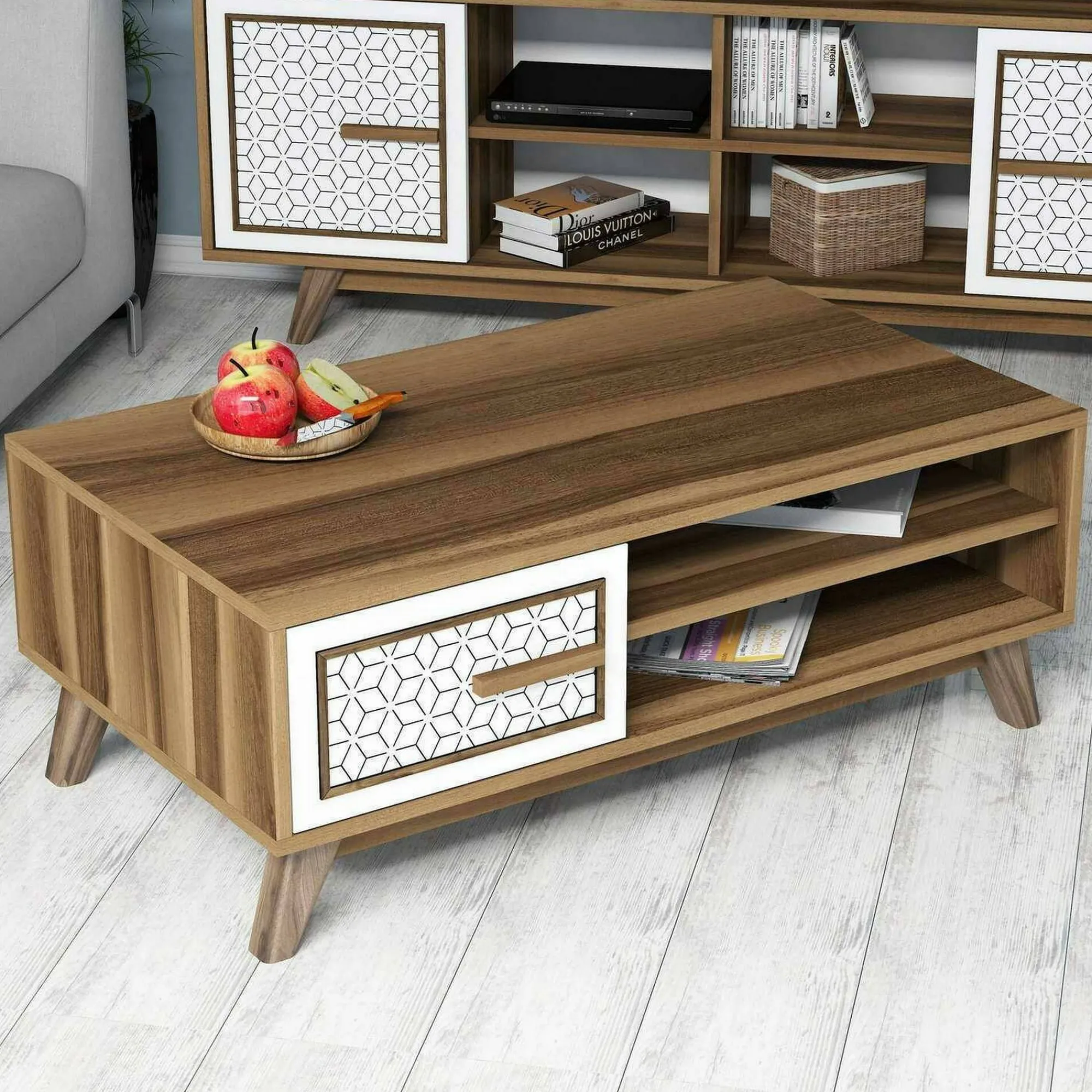 Tavolino da salotto Thimphu, 105x60h38 cm, Noce e Bianco<Dmora Sale