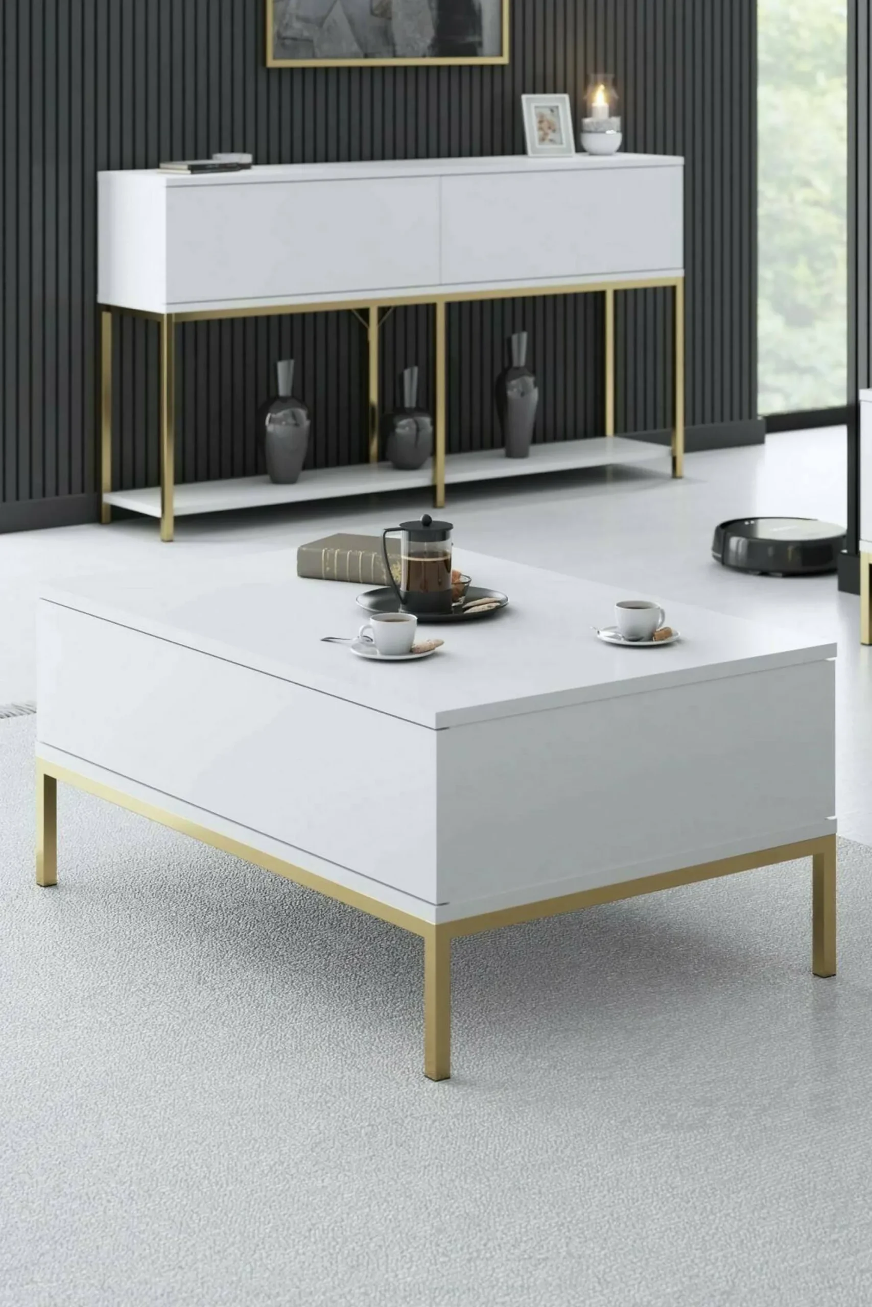 Tavolino da salotto Vespero, 90x60h40 cm, Bianco e Oro<Dmora Fashion