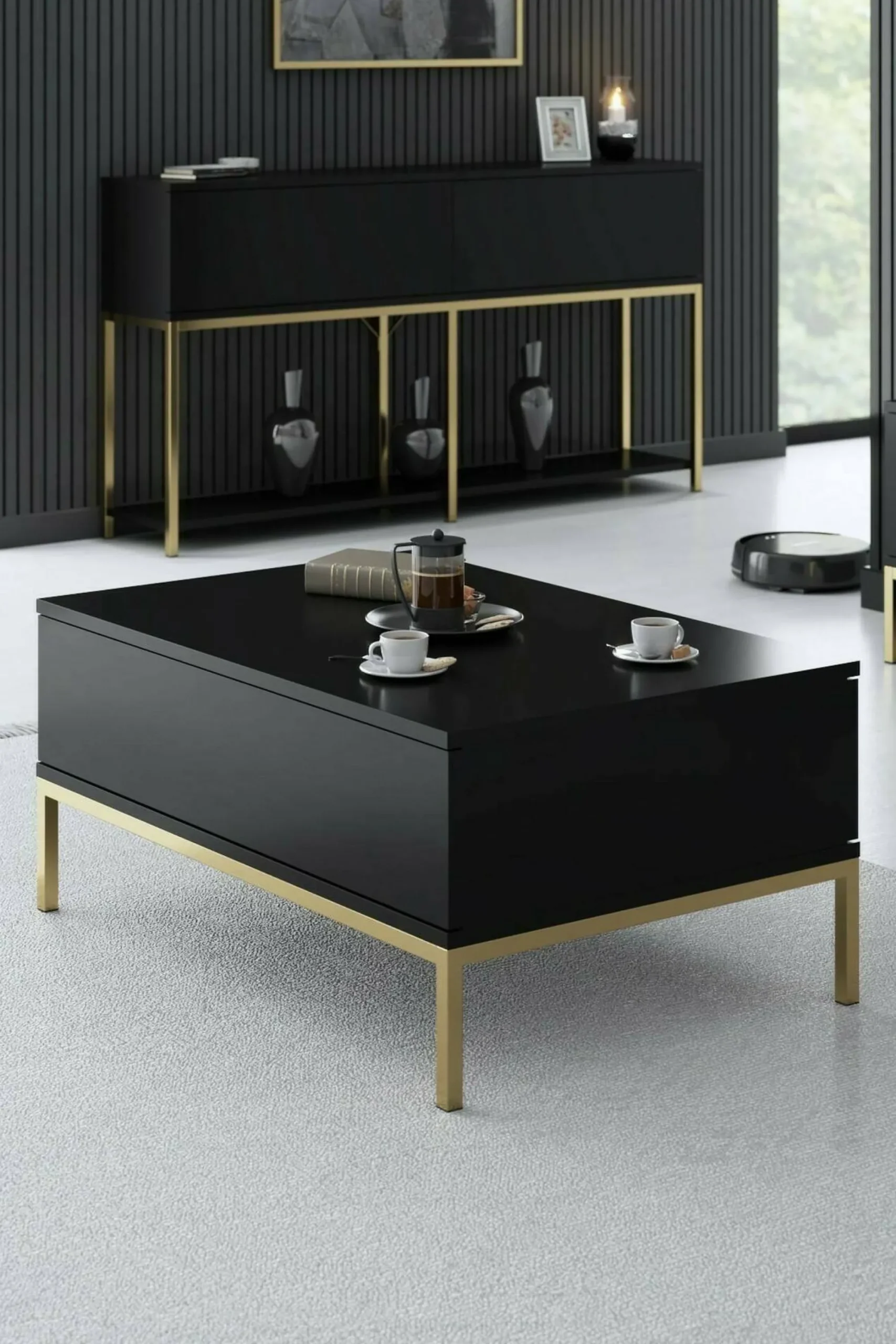 Tavolino da salotto Vespero, 90x60h40 cm, Nero e Oro<Dmora Sale