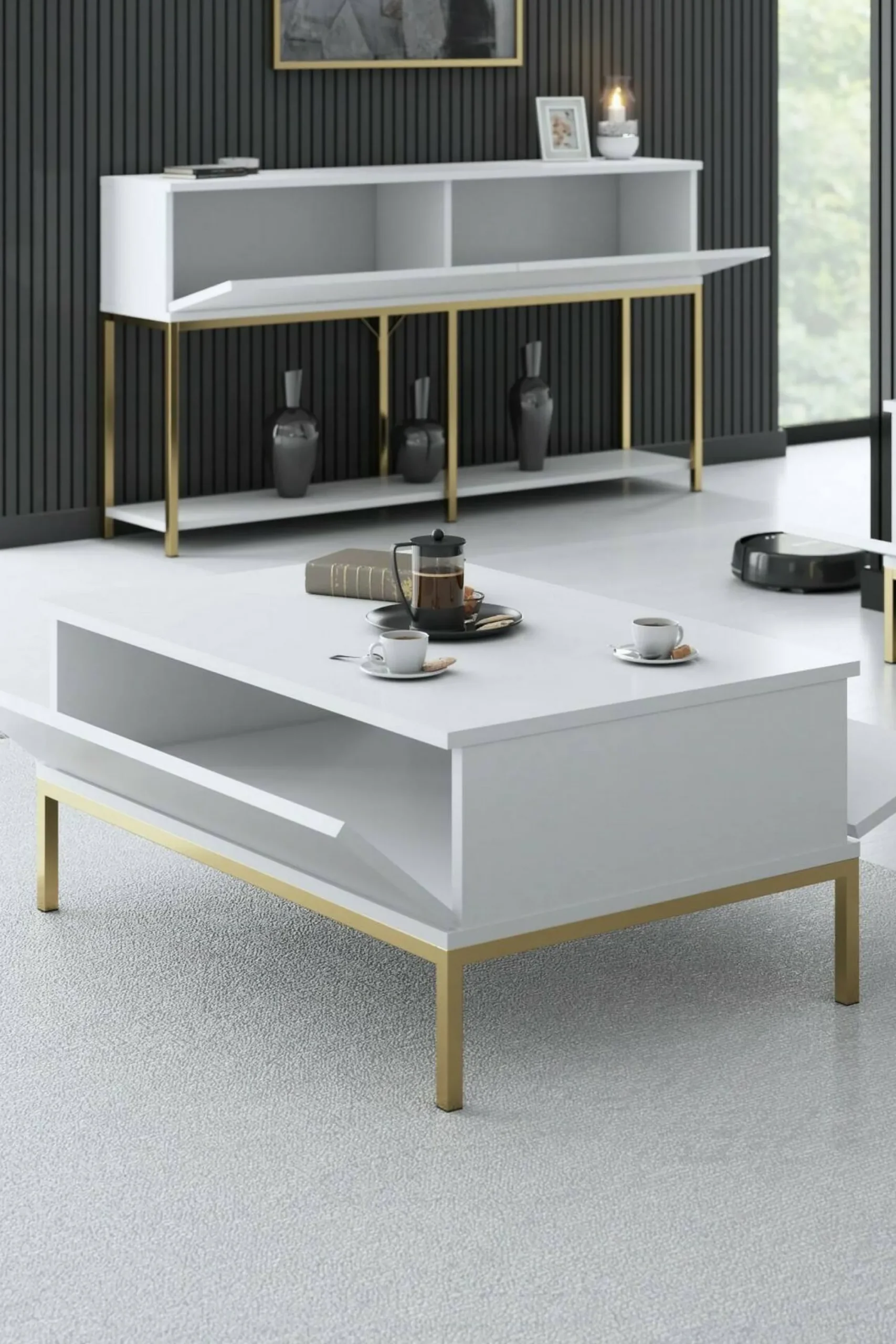 Tavolino da salotto Vespero, 90x60h40 cm, Bianco e Oro<Dmora Fashion