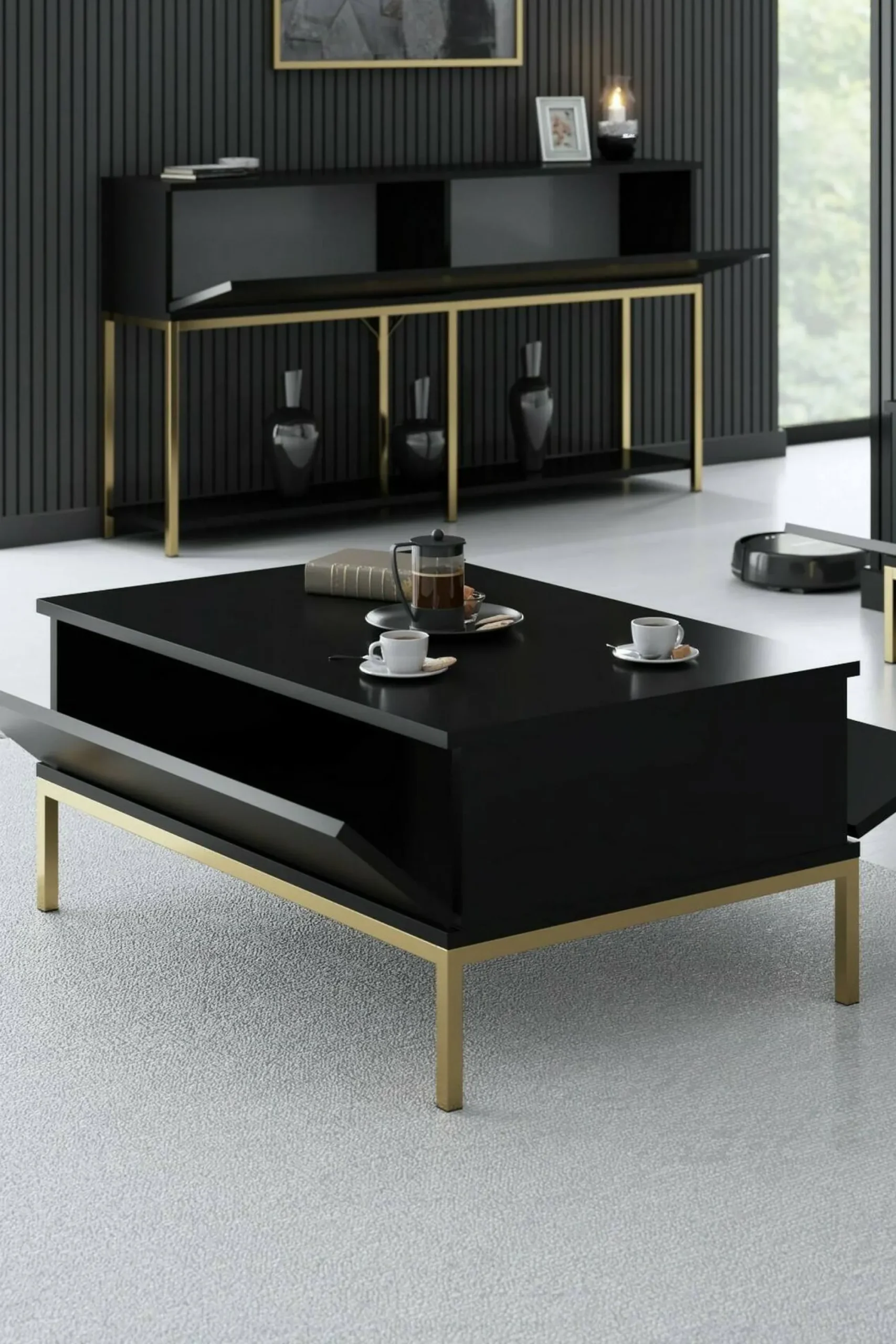 Tavolino da salotto Vespero, 90x60h40 cm, Nero e Oro<Dmora Sale