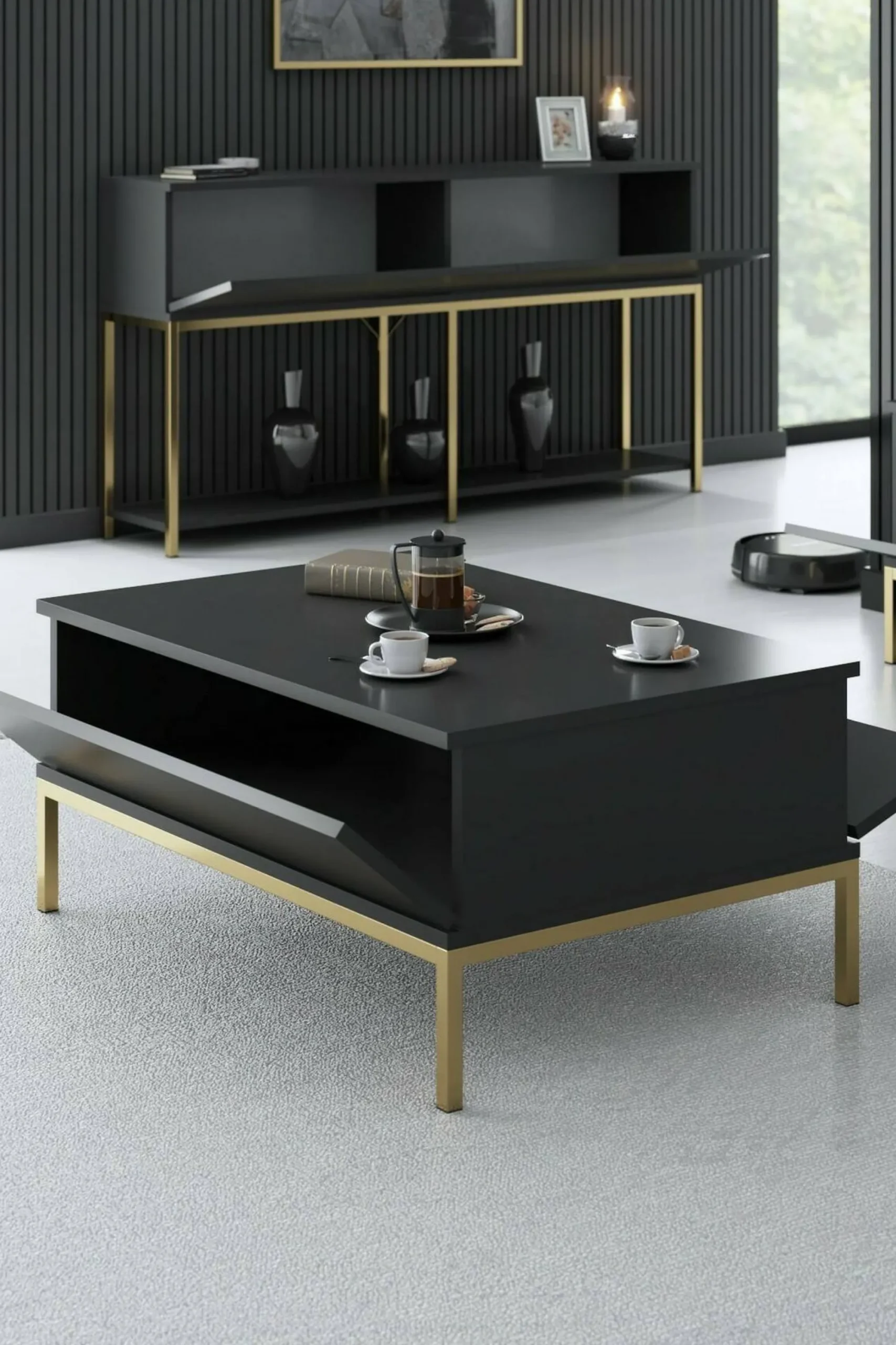 Tavolino da salotto Vespero, 90x60h40 cm, Antracite e Oro<Dmora Shop