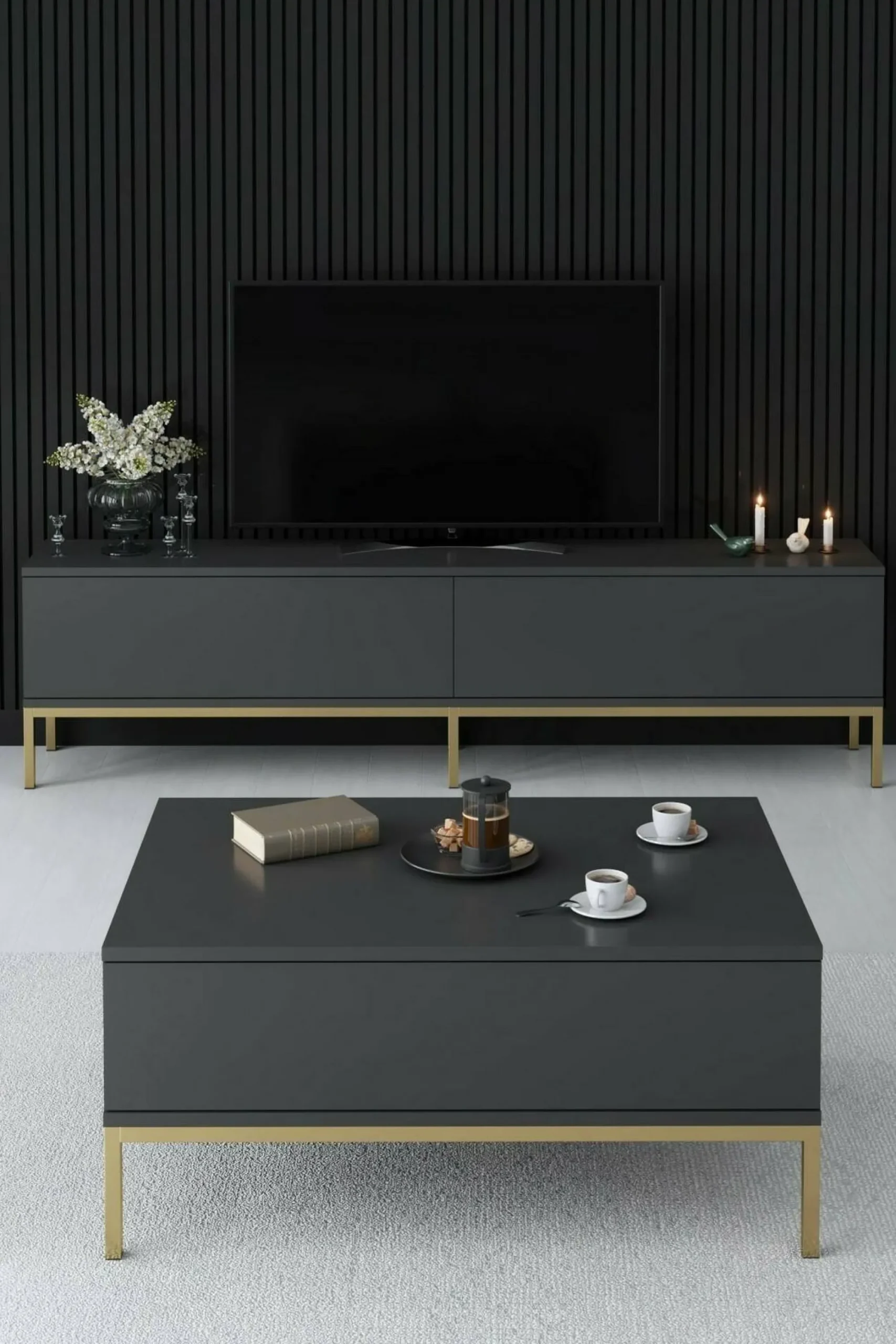 Tavolino da salotto Vespero, 90x60h40 cm, Antracite e Oro<Dmora Shop