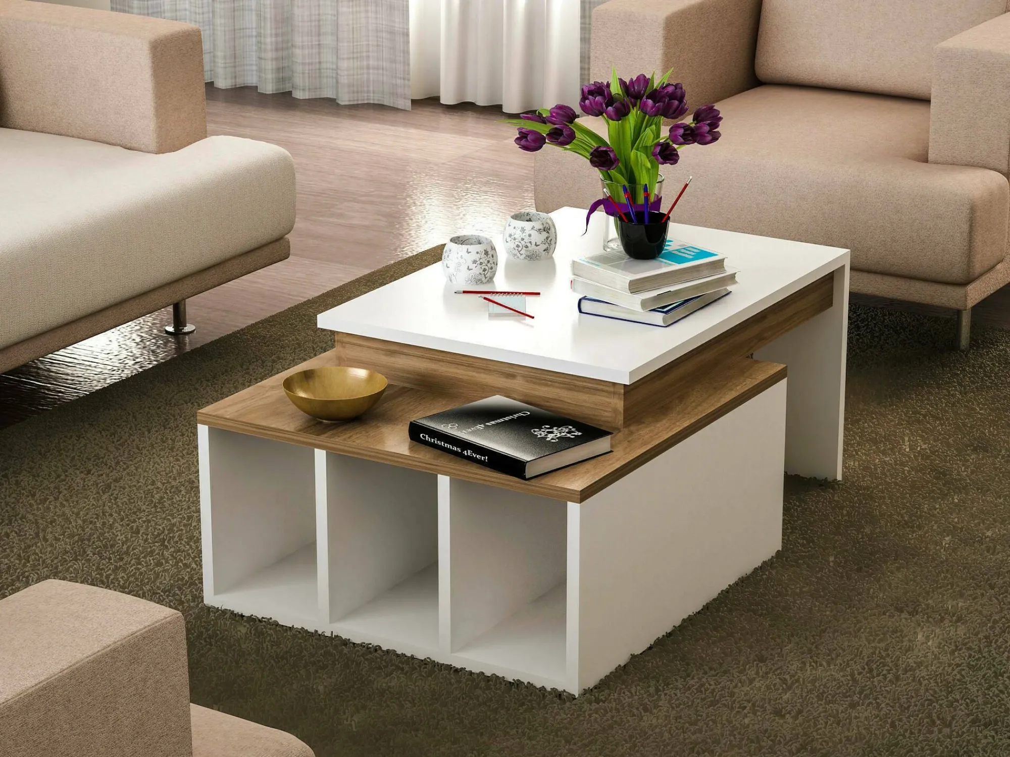 Tavolino da salotto Virgile, 90x60h37 cm, Bianco e Noce<Dmora Outlet
