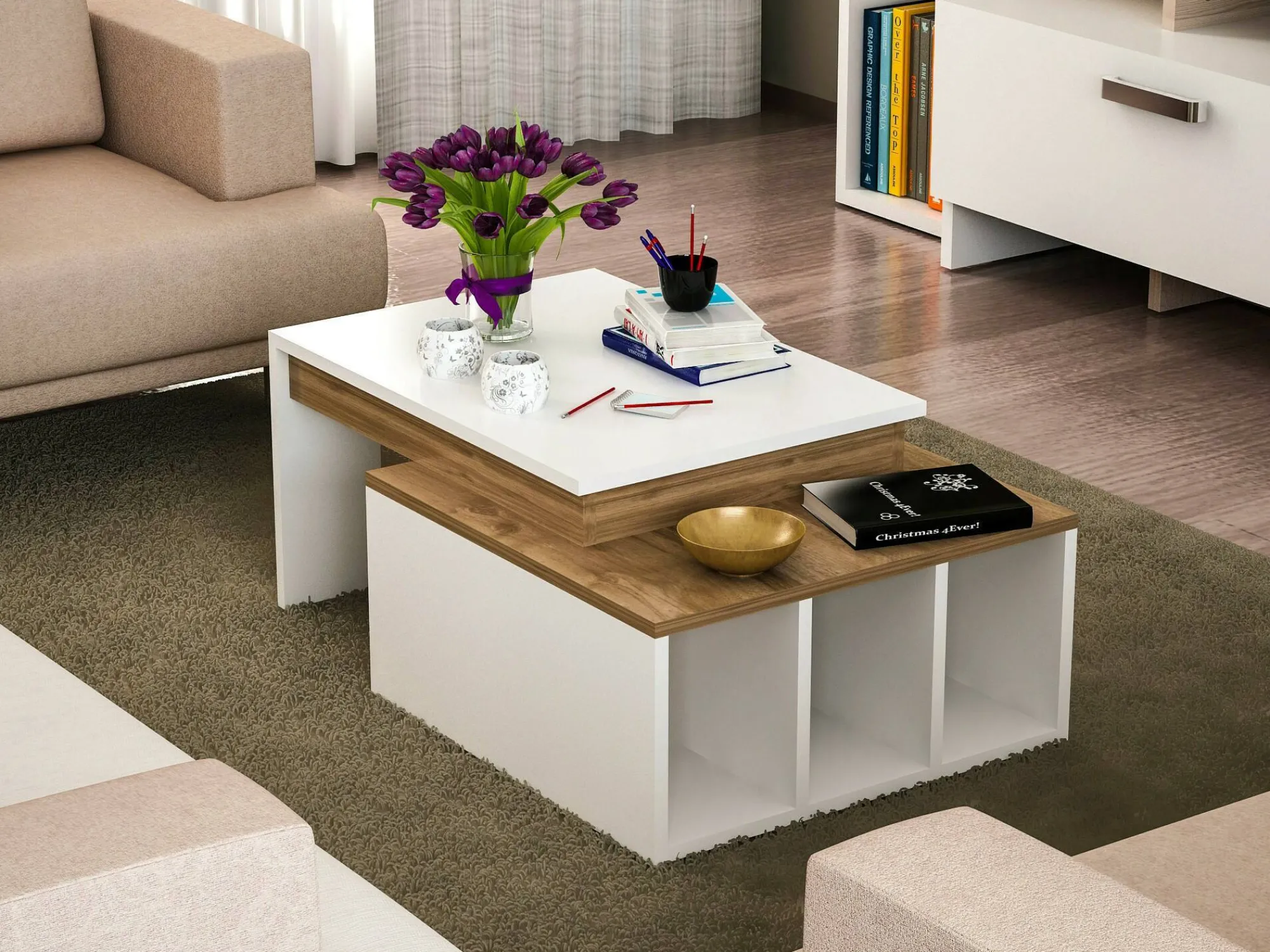 Tavolino da salotto Virgile, 90x60h37 cm, Bianco e Noce<Dmora Outlet