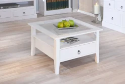 Tavolino in pino massello verniciato ad acqua e top in vetro temperato<Dmora Discount