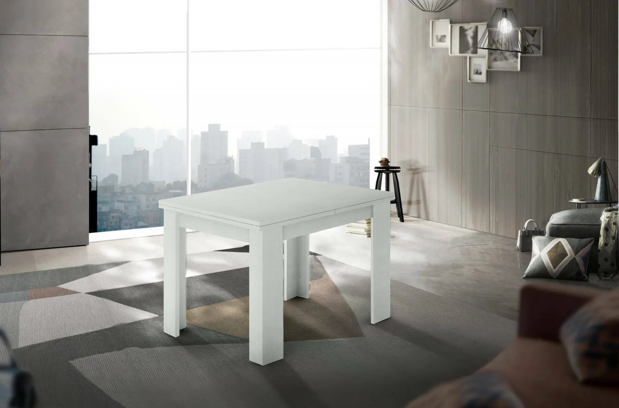 Tavolo allungabile Airin, cm 90x90h75, Bianco lucido Larice<Dmora Outlet