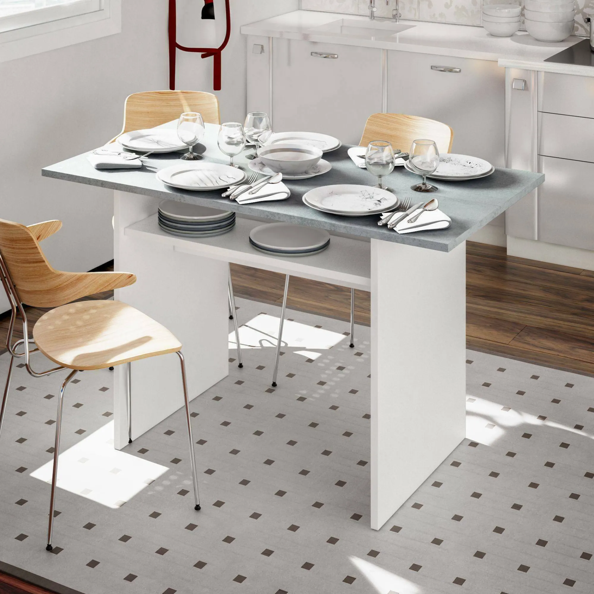 Tavolo allungabile Arila, 120x35h77 cm, Bianco e Cemento<Dmora Hot