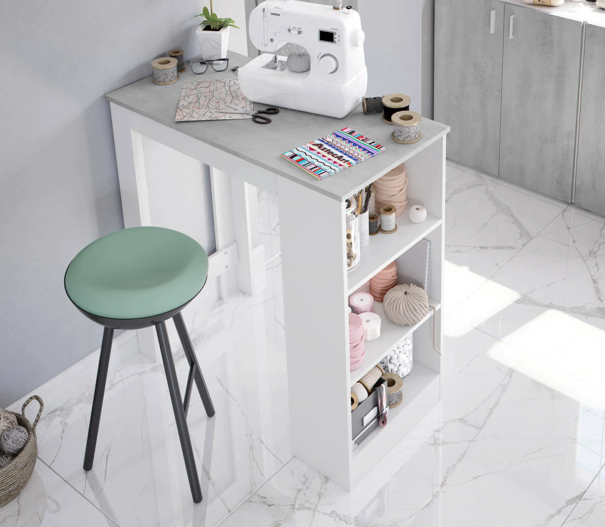 Tavolo fisso Andreoli, 103x50h105 cm, Bianco e Cemento<Dmora New