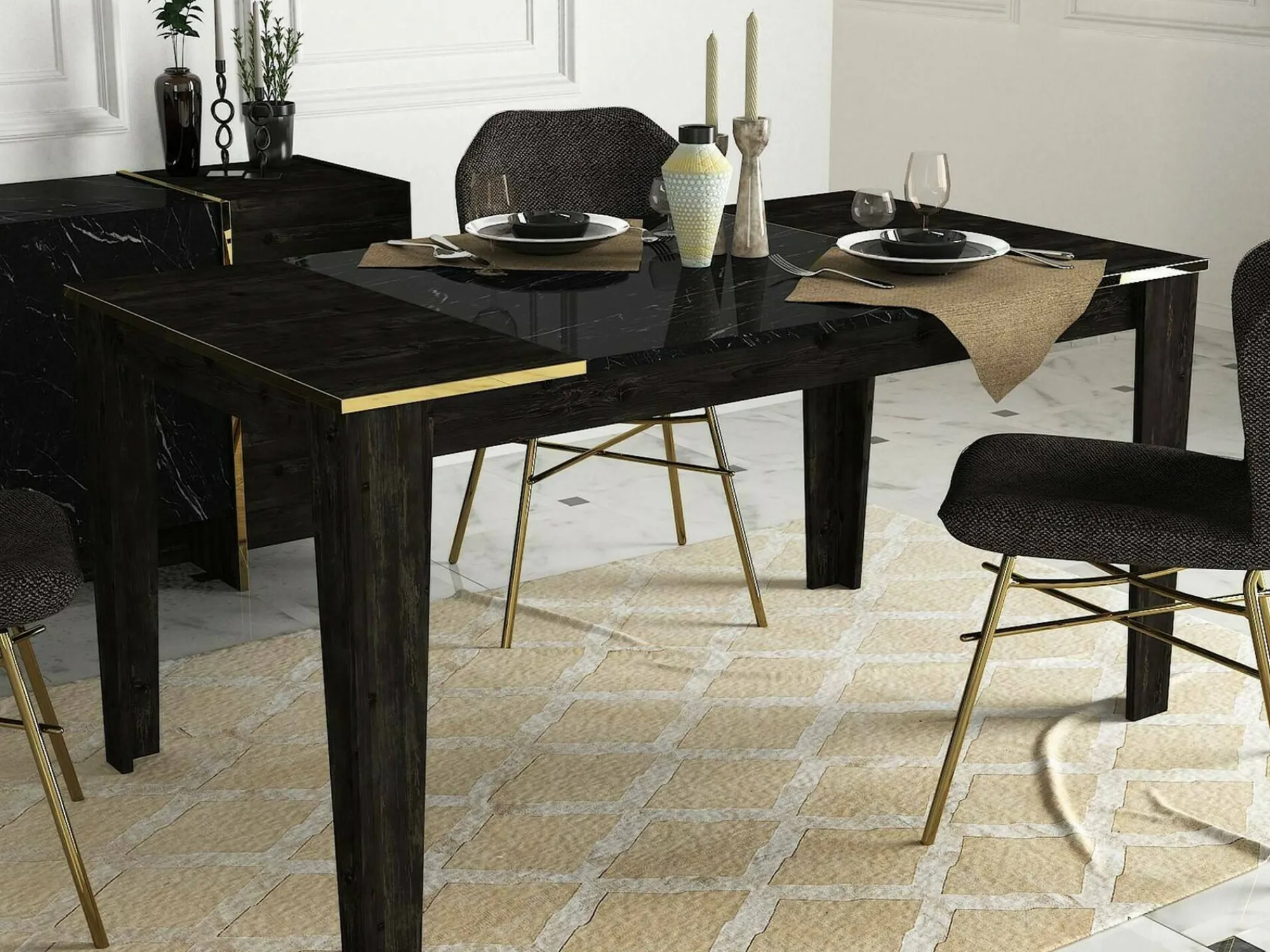 Tavolo fisso Asciano, 145x85h76 cm, Nero e Oro<Dmora Online