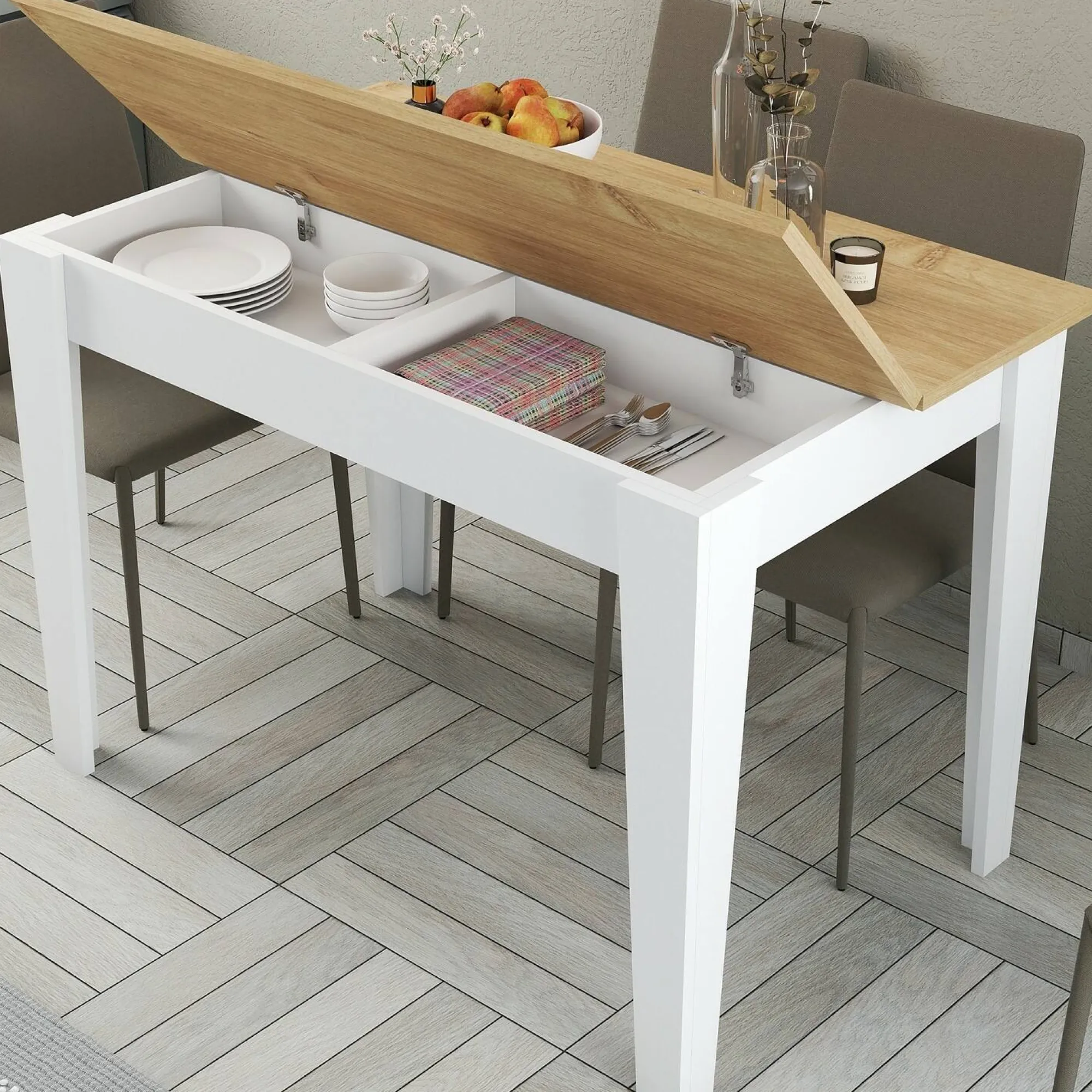 Tavolo fisso Dpanzanat, 110x72 h75 cm, Bianco e Quercia<Dmora Cheap