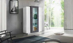 Vetrina Ablaze, cm 80x38h121, Bianco lucido e Ardesia<Dmora Clearance