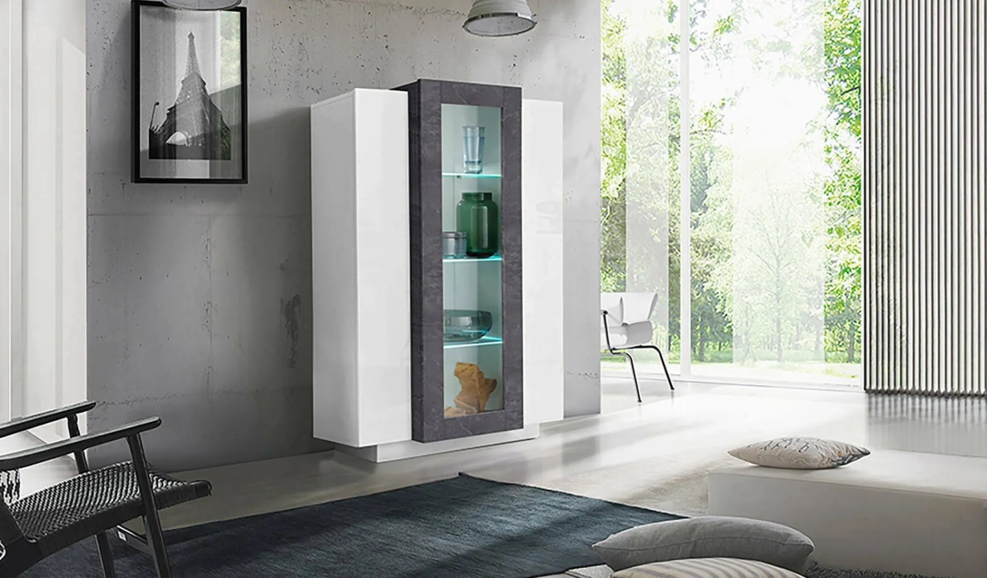 Vetrina Ablaze, cm 80x38h121, Bianco lucido e Ardesia<Dmora Clearance