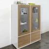 Vetrina Agostino, cm 100x41h146, Bianco lucido e Noce<Dmora Shop