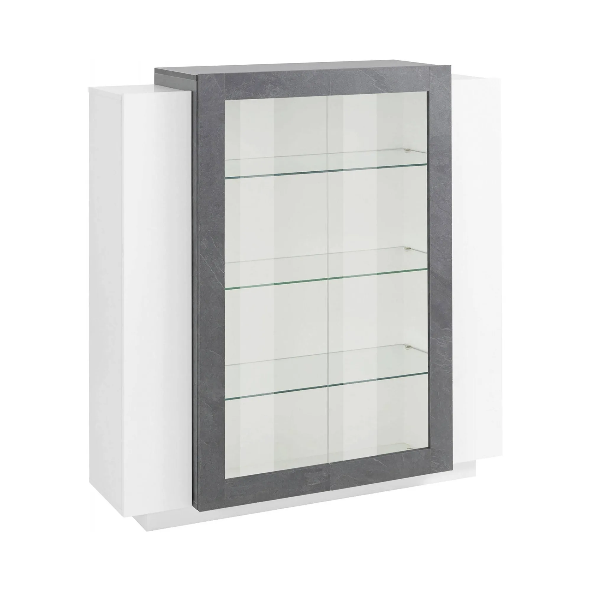 Vetrina Austino, cm 120x45h115, Bianco lucido e Ardesia<Dmora Best
