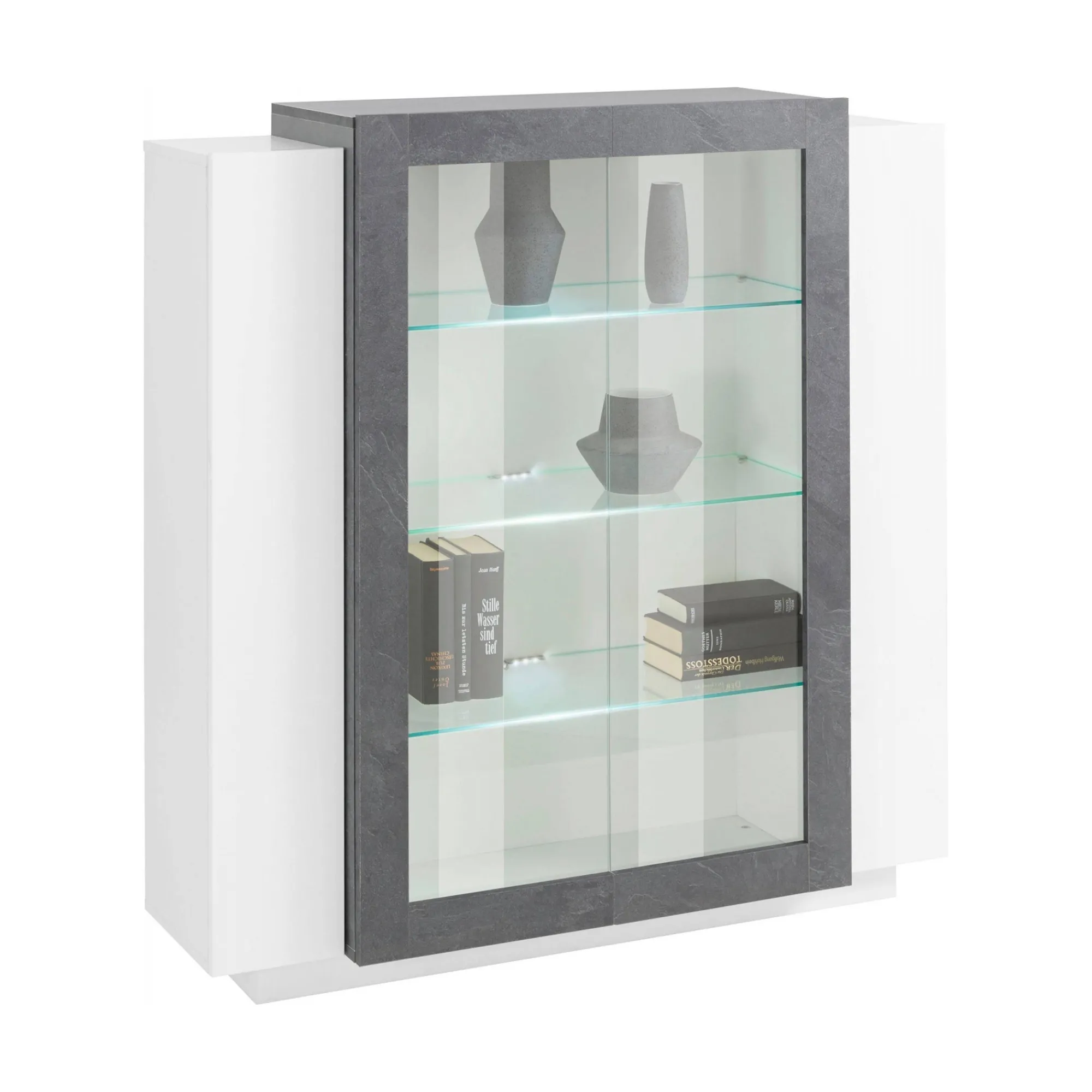 Vetrina Austino, cm 120x45h115, Bianco lucido e Ardesia<Dmora Best