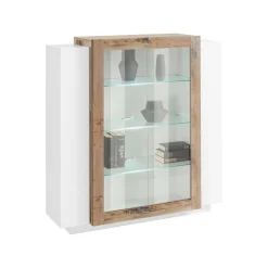 Vetrina Dlamagn, cm 120x45h115, Bianco lucido e Acero<Dmora Shop