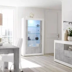 Vetrina Dporzingi, 110x42 h190 cm, Bianco lucido e Cemento<Dmora Online