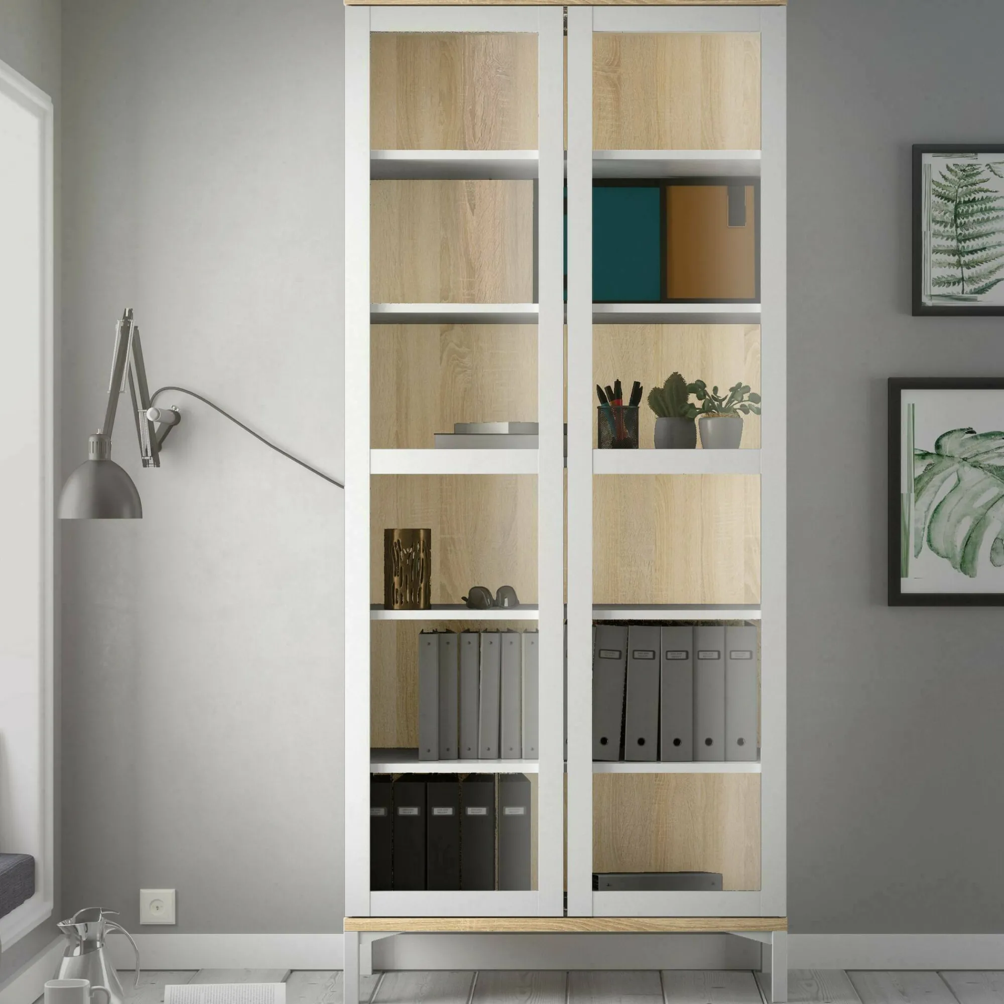 Vetrina Hudhud, 89x36 h203 cm, Bianco e Quercia<Dmora Discount