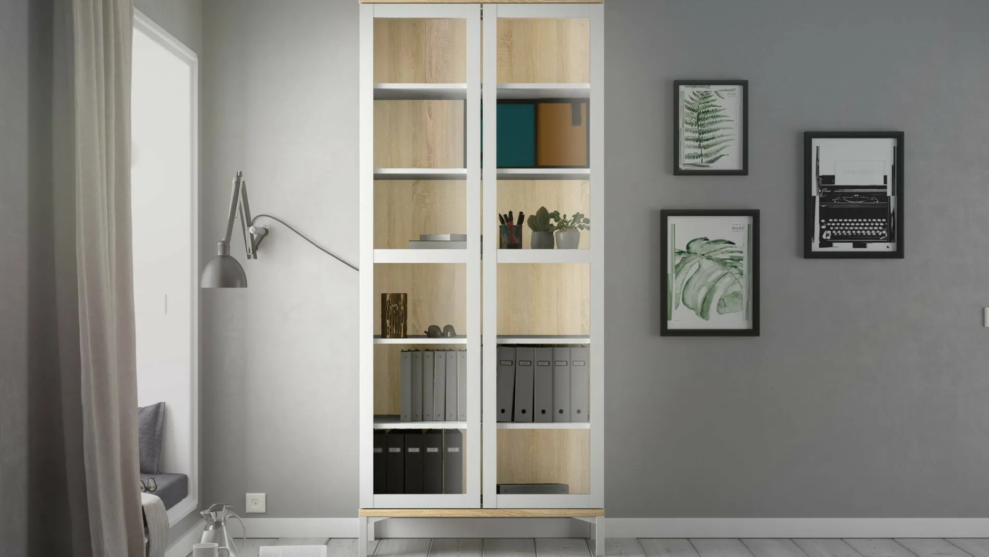 Vetrina Hudhud, 89x36 h203 cm, Bianco e Quercia<Dmora Discount