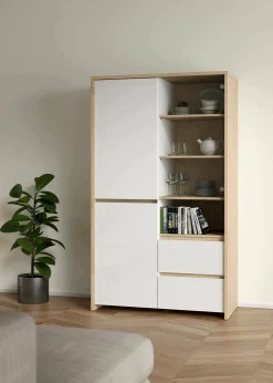 Vetrina Nadine, Credenza espositiva, Vetrinetta multiuso, Madia da soggiorno, 48x100 h170 cm, Rovere e Bianco<Dmora Discount